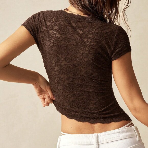 Brown Casual Women's V-Neck Lace button down short sleeve Blouse top - Picture 2 of 8